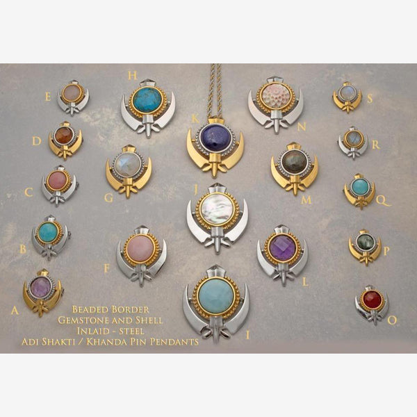 Stainless steel beaded border khanda/adi shakti pin pendants